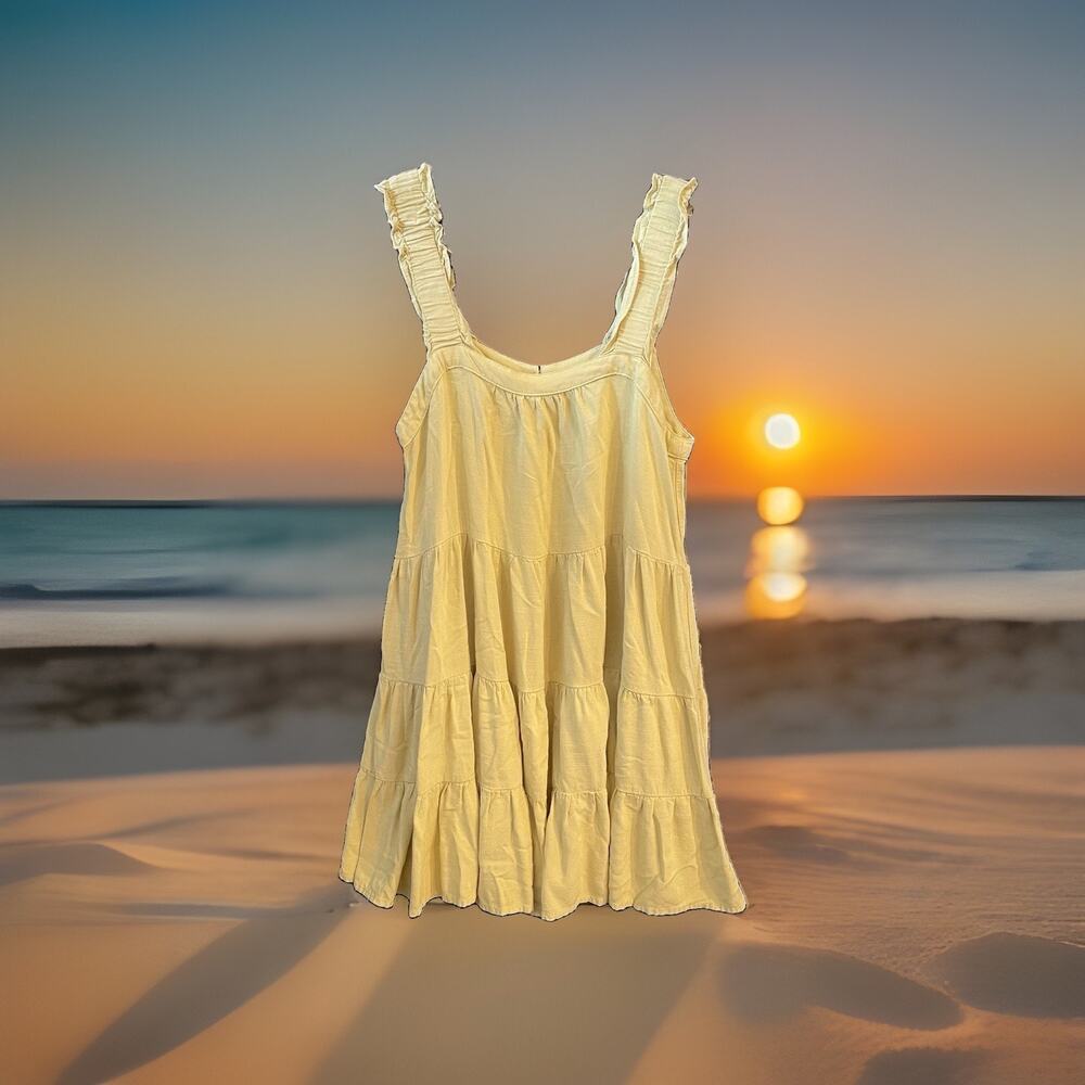 Shinestar Boho Yellow Rayon Mini Dress M Tiered Ruffle Strappy Square Neck